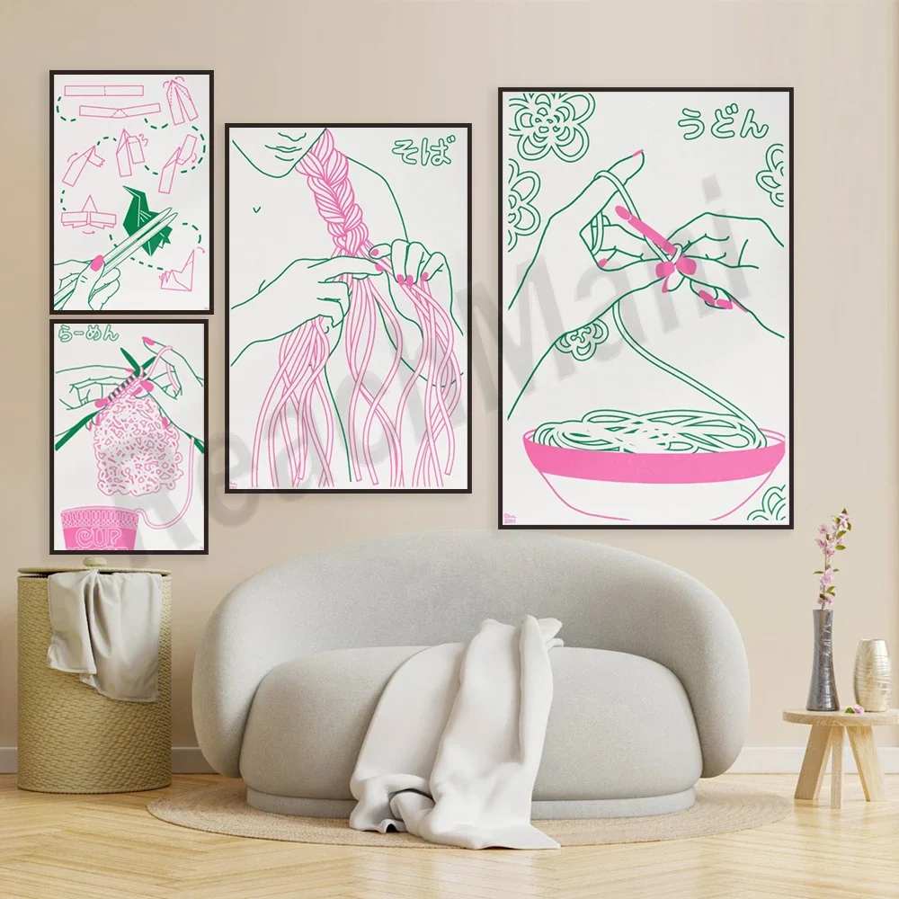 Made of soba knitting, ramen knitting, udon crochet, chopsticks origami poster classic Japanese food print, crochet, braid print