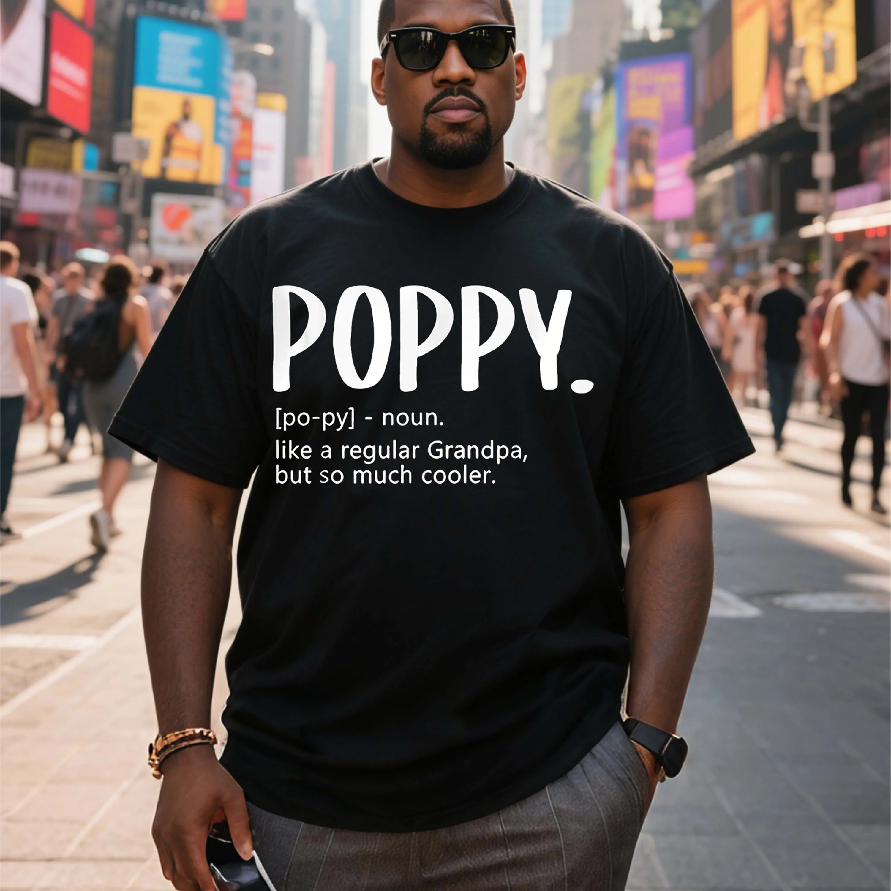 Plus Size Black Short Sleeve T-Shirt With“Poppy” Word and Cute Explanation Suitable for Outdoor Leisure Wear in Summer