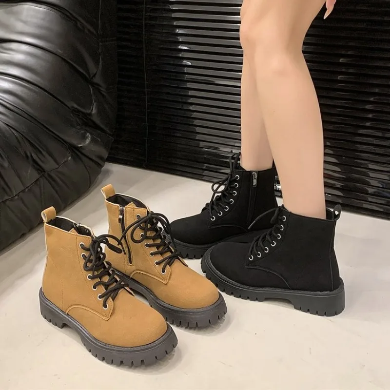 

Short Boots Women Genuine Leather 2025 New Winter British Style Women Ankle Boots Platform With Fur Boots Women Plus Size 42 43