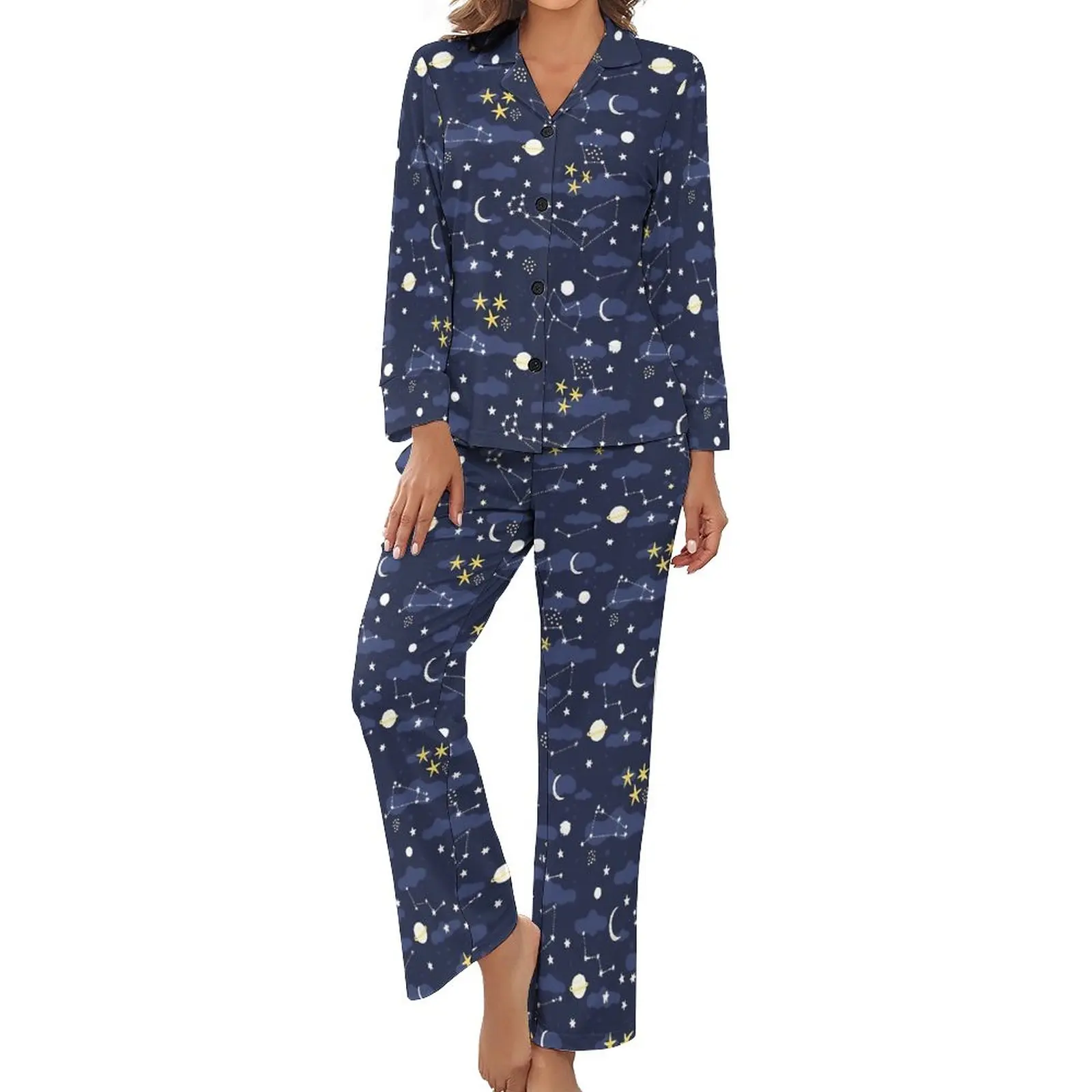 Galaxy Astrology Pajamas Moon and Stars Casual V Neck Home Suit Women 2 Pieces Custom Long Sleeves Kawaii Pajama Sets