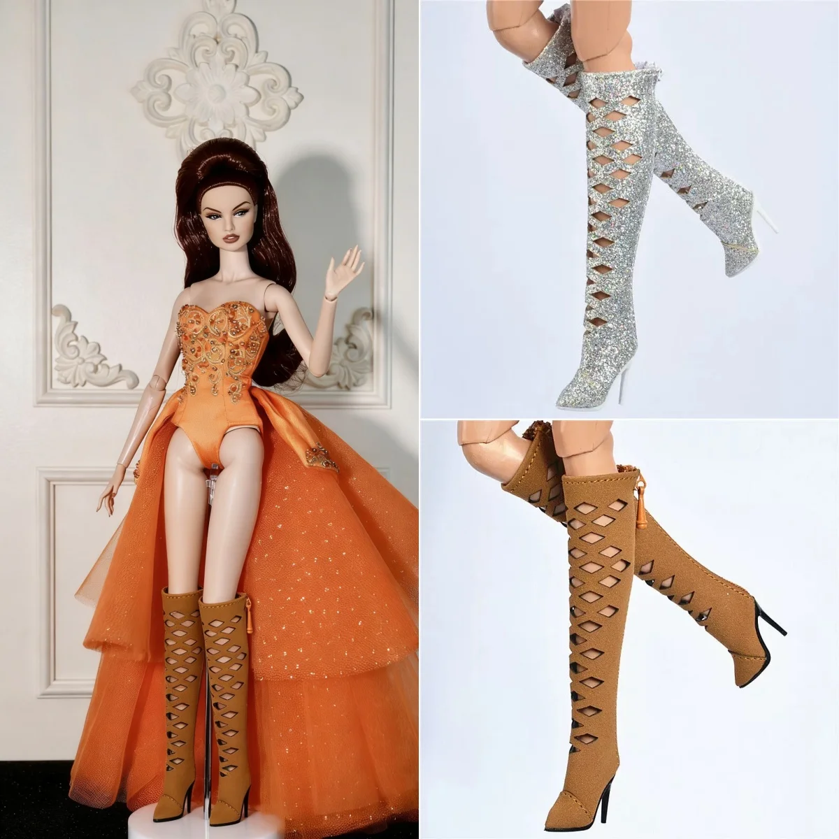 Doll Shoes Parts 1/6 Supermodel Doll Cool Personalised Openwork Boots Fashion Long Boots For 30cm Doll FR2 Babi Xianxian