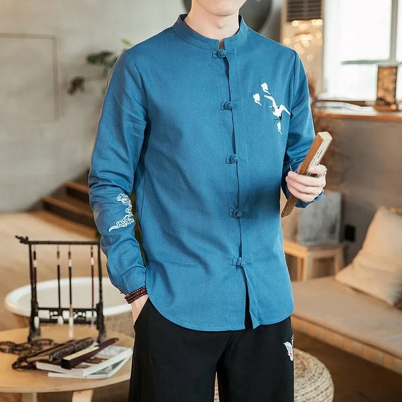 Men's Chinese Style Tang Suit Solid Color Shirt Retro Oriental Traditional Tai Chi Uniform Buckle Plus Size Chinese Jacket Coat