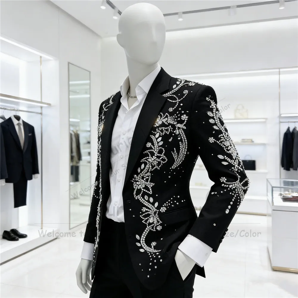 

Роскошный мужской костюм с бисером и камнями: однобортный пиджак и брюки, комплект из 2 предметов, свадебный смокинг для жениха, индивидуальный пошив, наряд для банкета