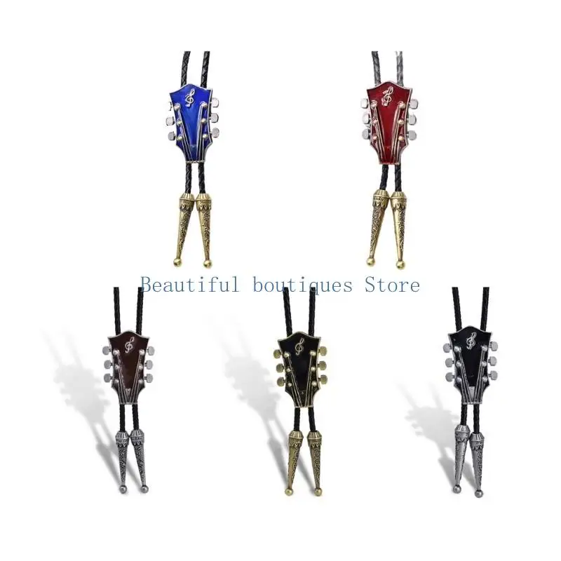 

U4LF Мужской Западный ковбойский галстук-боло, эмалированный кулон в виде гитары, галстук, ожерелье, рубашка, цепочка