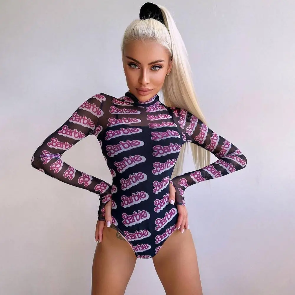 Barbie Sexy Women Bodysuit Long Sleeve Letter Print 1-Piece Leotard Tops Slim Fit Jumpsuit European American Spicy Girls Clothes