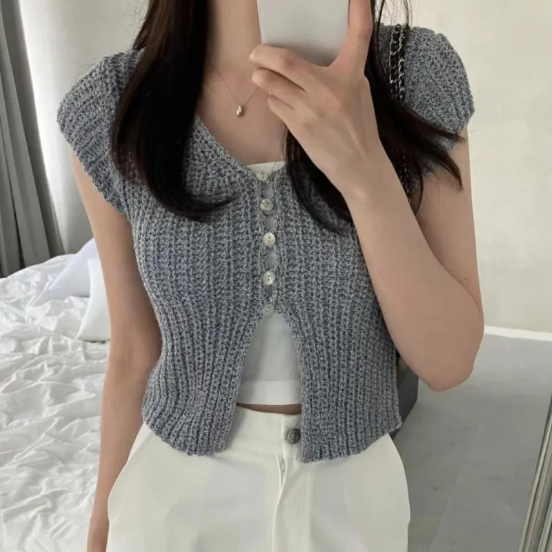 Korean Style Single Breasted Cardigans Femme V-neck Ropa Mujer 2024 Woman Sweaters Short Sleeve Tops Summer Crop Sueteres