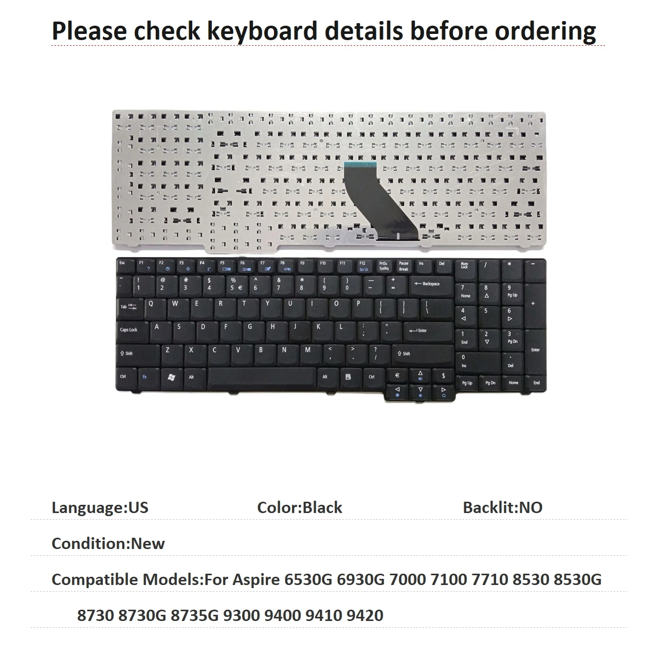 New US Language  Keyboard For Acer Aspire 6530G 6930G 7000 7100 7710 8530 8530G 8730 8730G 8735G 9300 9400 9410 9420