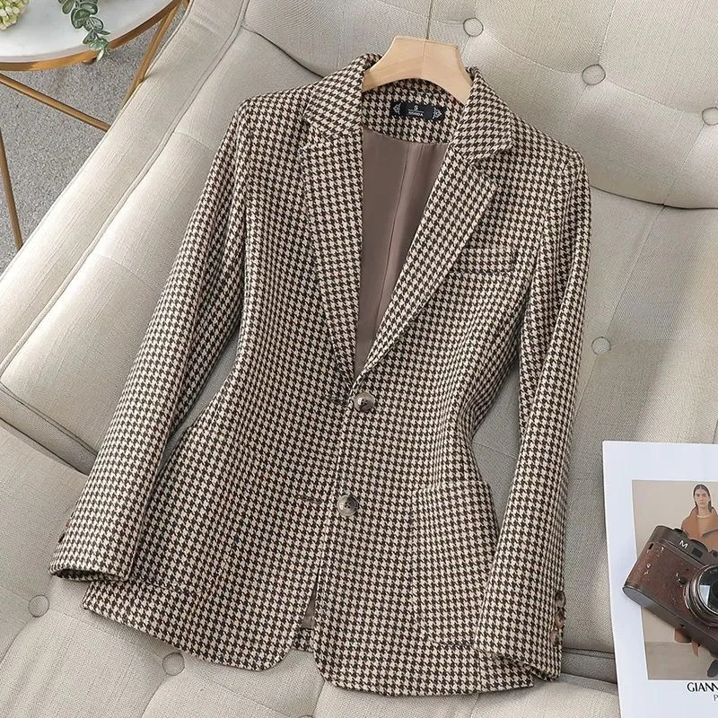 Korean fashion temperament, Thousand Bird style professional Suit Jacket, 2025 Spring Autumn New Blazer Coats,Female Suit Top