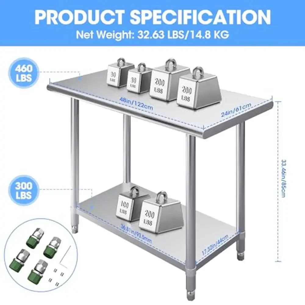 430 Stainless Steel Double-layer Workbench with 760lbs Load Capacity NSF Certified Commercial Food Prep Table Kitchen Restaurant