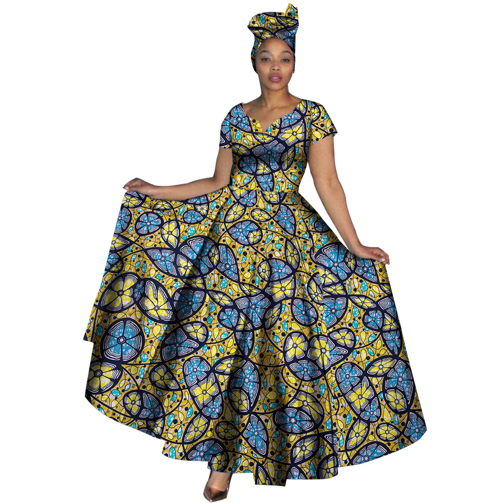 Fashion Women Clothes African Dresses Ankara Print V-neck Maix Long Dresses with Head Scarf Dashiki Women Outfit WY749