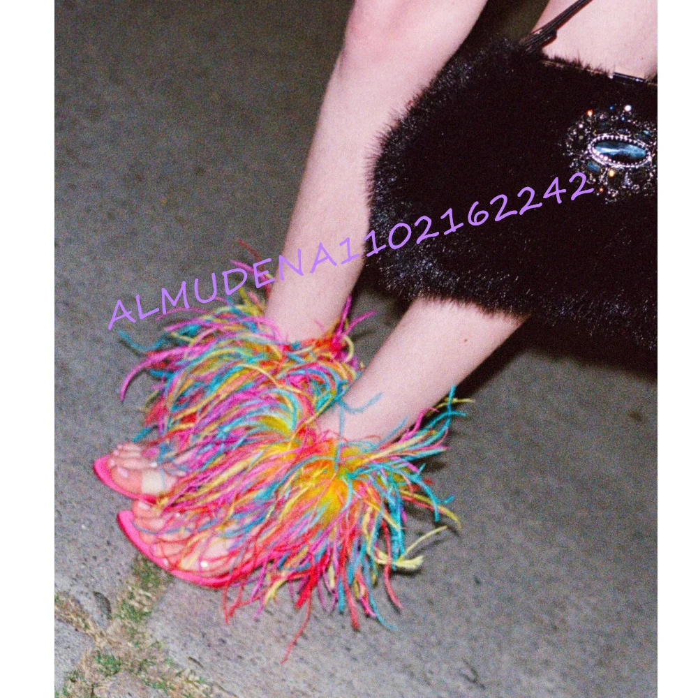 Women'S Fuchsia Colorful Feather Mules Pointed Toe Clear Strap Stiletto High Heel Slides Slip-On Sandals Clubwear Dress Shoes