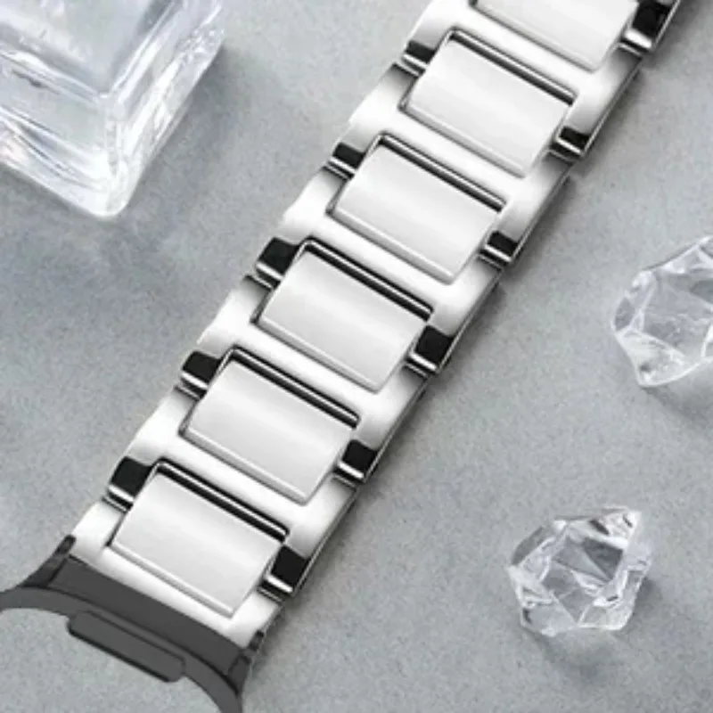 Pulseira de cerâmica + metal para samsung galaxy watch 8 ultra 47mm feminino/masculino pulseira de moda de aço inoxidável de luxo galaxy watch 7 ultra