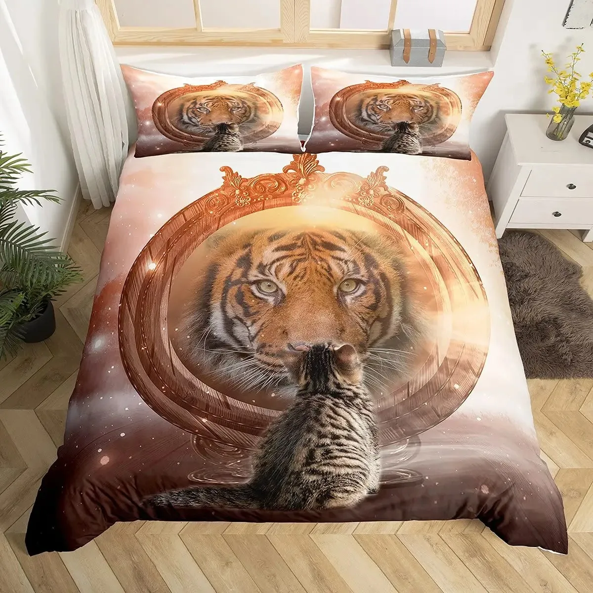 New Tiger Bedding Set Red Rose Flower Africa Big Cat Comforter Cover Set Animal Themed 2-3Pcs Queen Size Duvet Cover Set