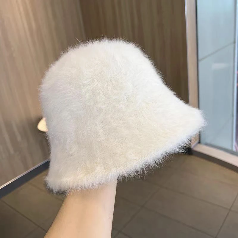 

Solid Color Rabbit Fur Hat Bucket Cap Women's Autumn Winter Fisherman's Hat Retro Knitted Wool Basin Hat Bucket Cap