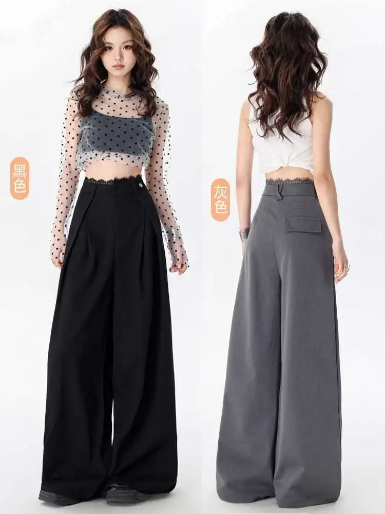Office Lady Grey Lace Patchwork Pleated Suit Pants For Women's Spring And Summer New Style High Waist Loose Wide Leg Pants
