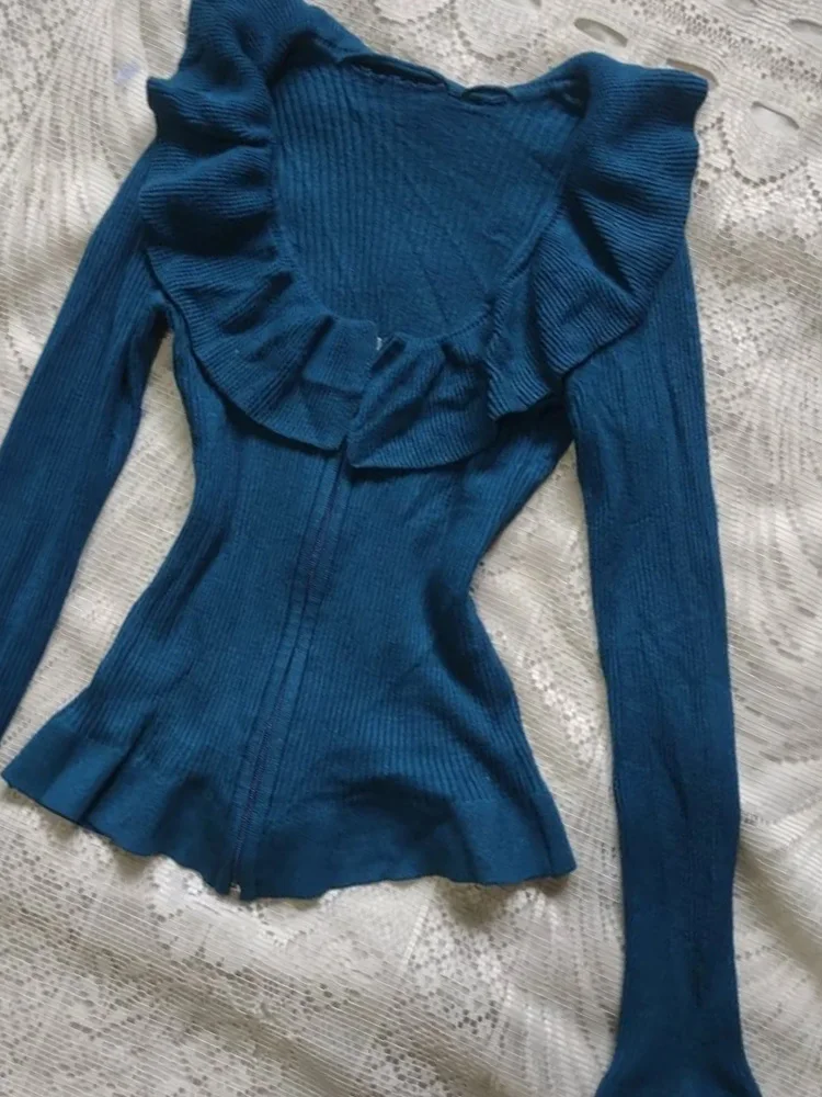 

Blue Knitted Sweater Slim Fit Inner Wear Original Vintage Sle Casual Faion Cotton Blend ort Sve Top for Women