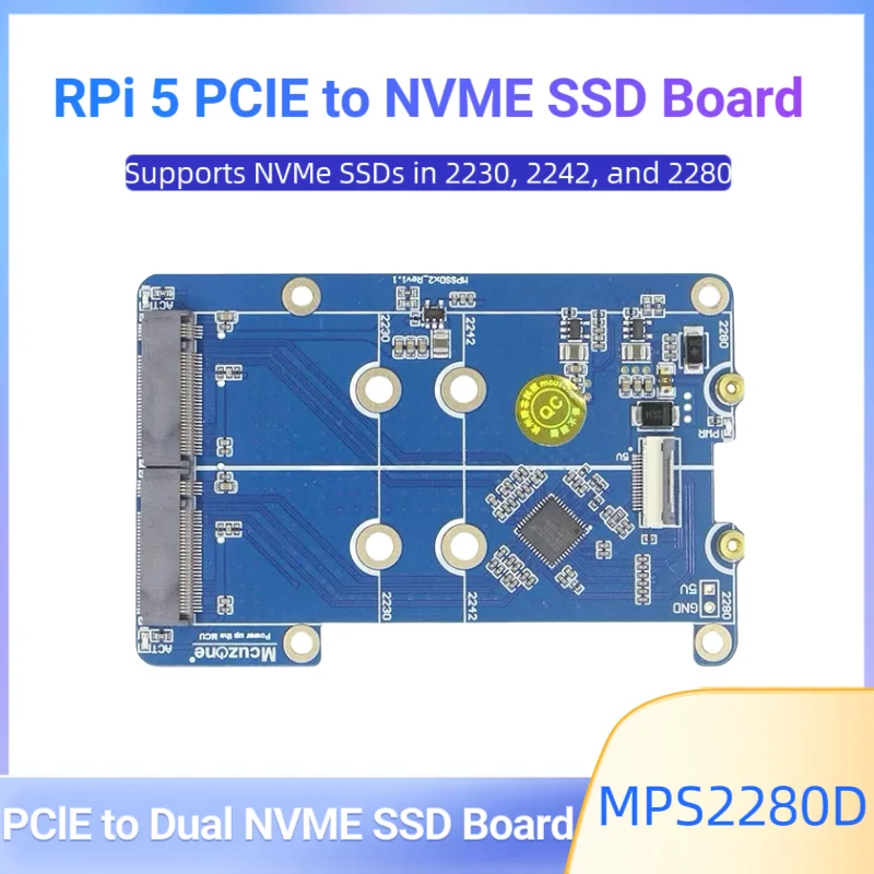 

Raspberry Pi 5 PCIE To M.2 Dual NVME SSD Adapter Board MPS2280D Support 2280/2242/2230 SSD Blue