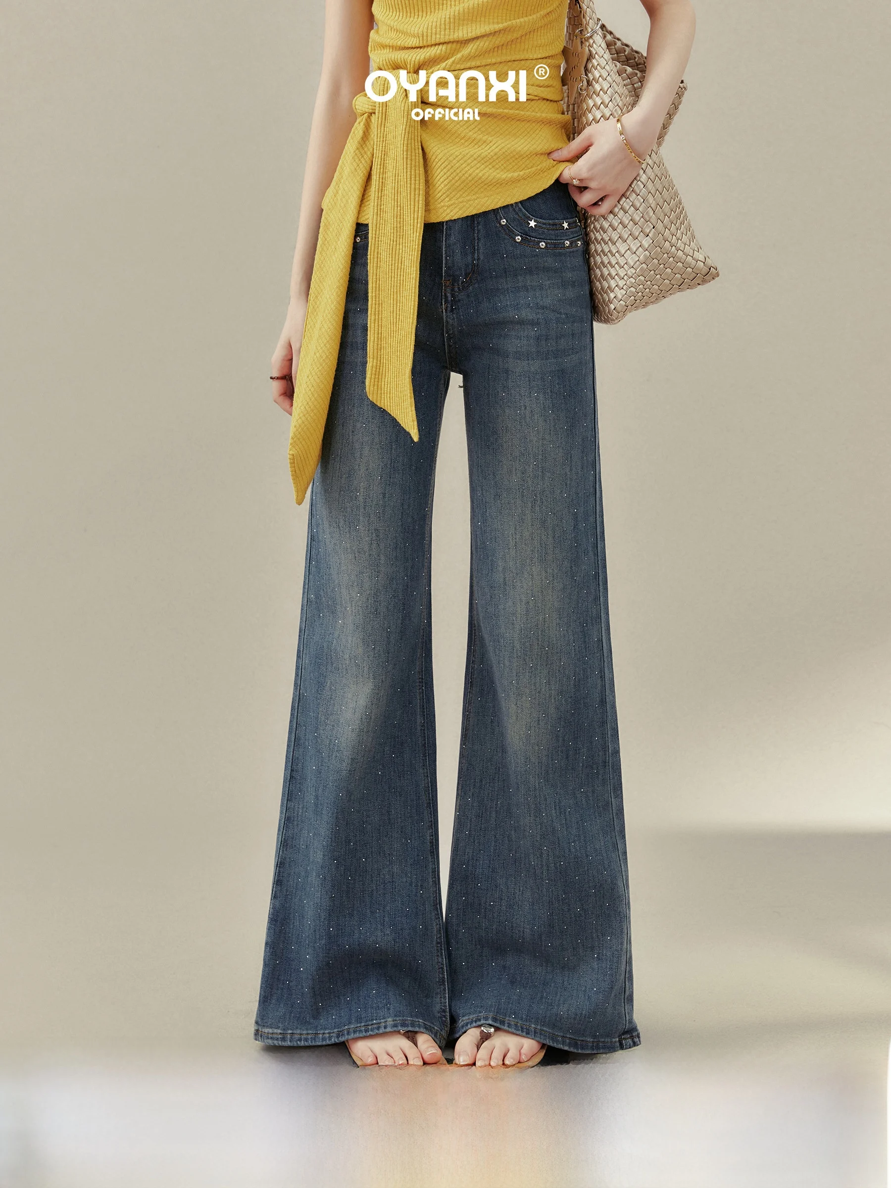 

Loose Flared Jeans Women's Summer New Sle Blue Belt Diamond Wide Leg High Waist Spring Season Ladies Faion Casual Jeans