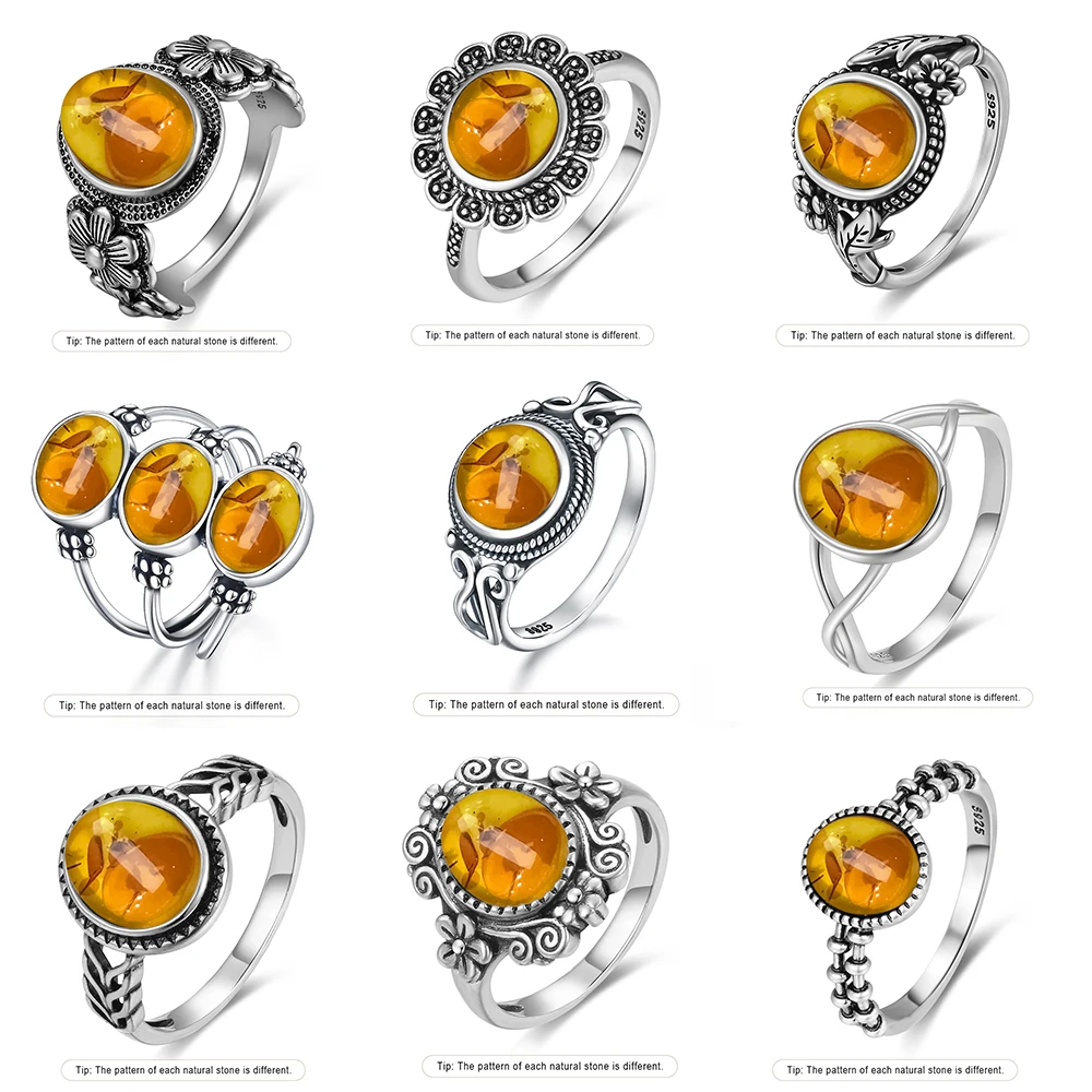 Anillo de plata esterlina S925 con piedra ámbar Natural, forma de flor, pétalo ovalado, piedra ámbar, regalos, joyería fina para mujer