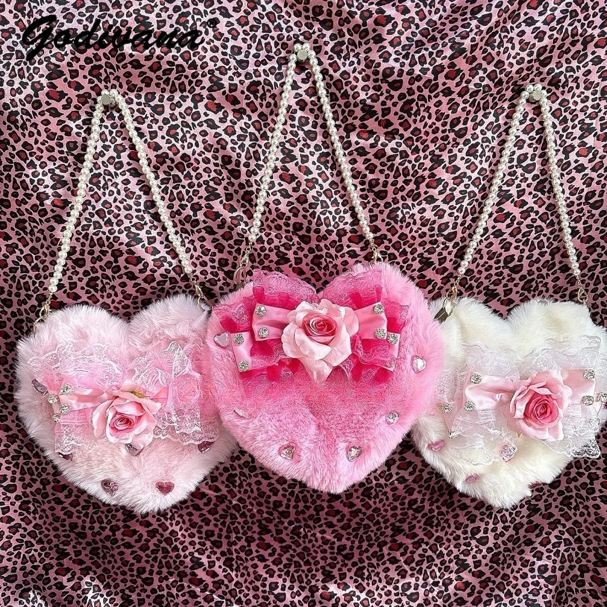 

Original Handmade Lolita Heart Princess Pearl Plush Handbag Girl Women's Cute Heart-shaped Chain Bow Rhinestone Mini Tote Bags