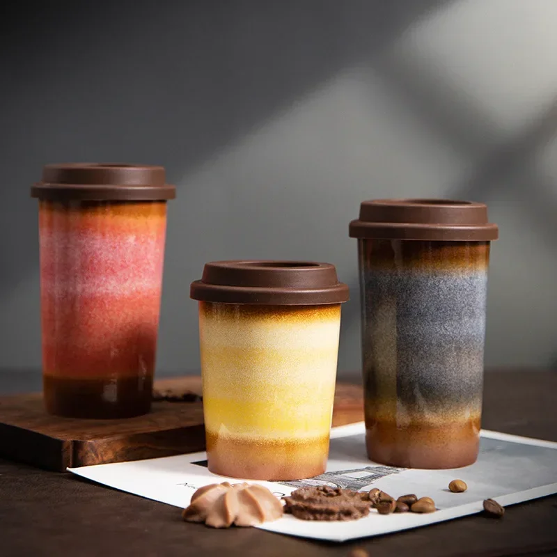 

Kiln Ceramic Coffee Cup Gradient Water Cup with Silicone Cover Portable Coffee Cup Creative Office Home Retro Ceramic Cups