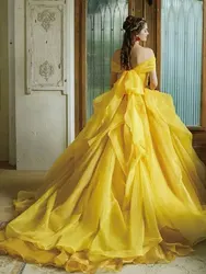 Elegant Women Yellow Evening Dress Train Off The Shoulder Bow Sweetheart Floor Length Puff Birthday Gowns Vestido Luxury 2024