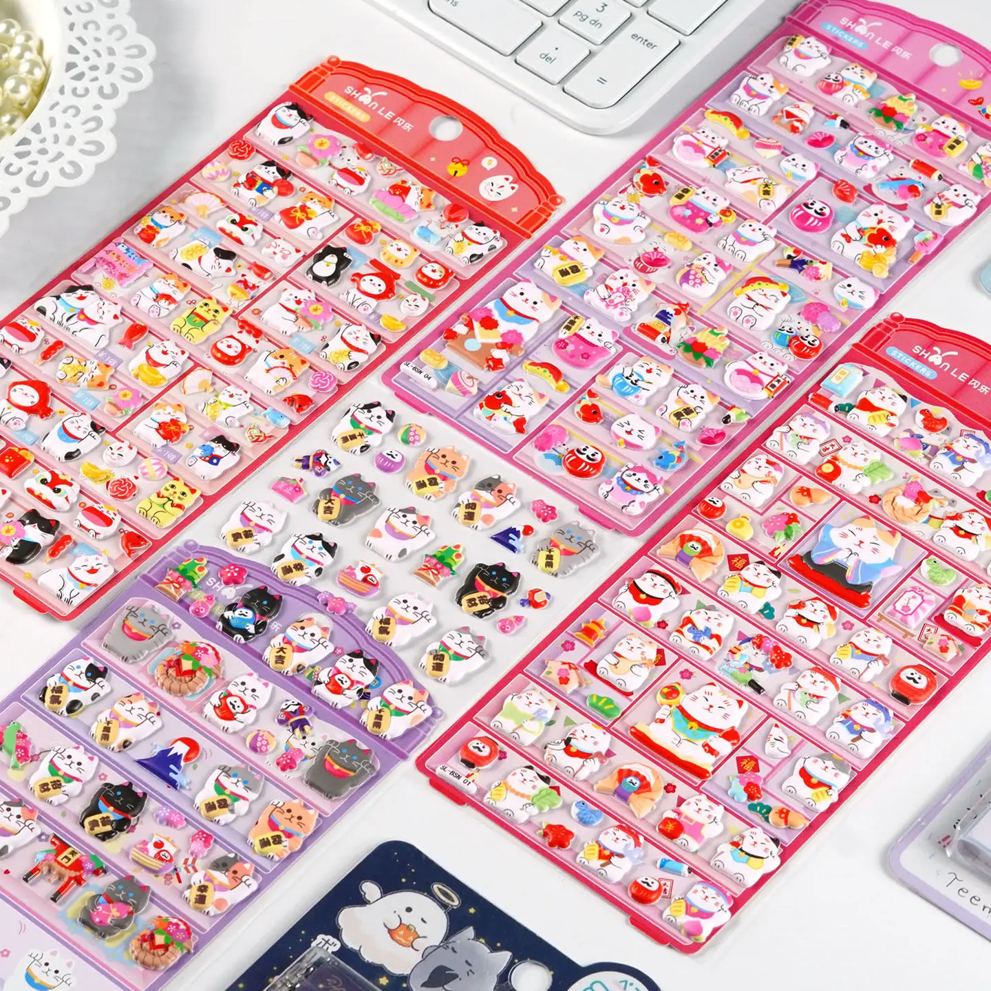 4 pcs Cute Lucky Cat Puffy 3D Stickers Scrapbook Decor Stationery DIY Journaling Sticker School Office Supplies