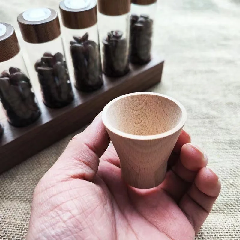 Special solid wood funnel for single test tube glass bottles of coffee beans in separate bottles