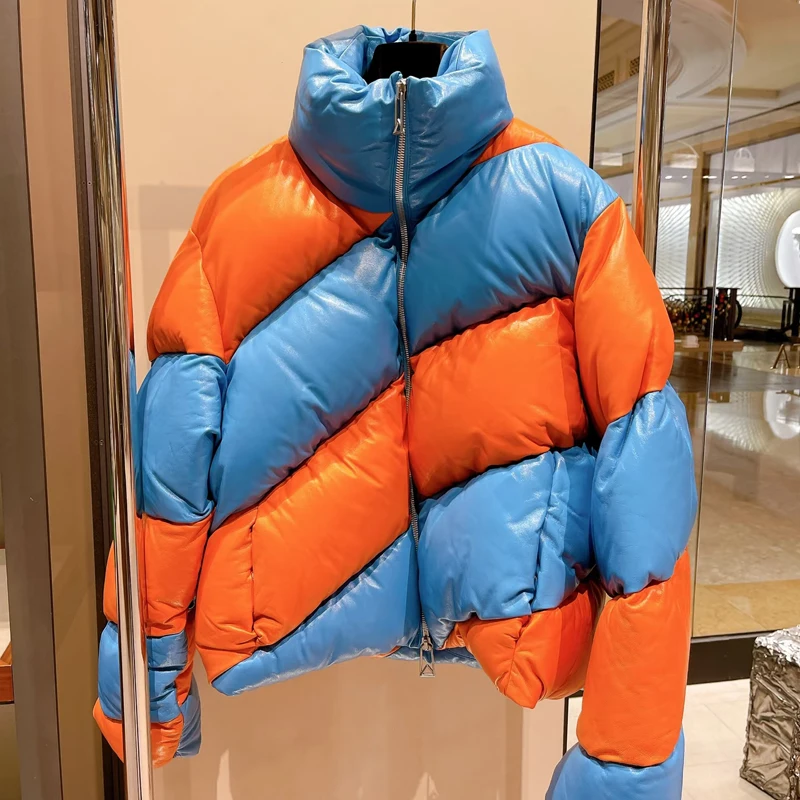 

Cover Magazine Trend Color-blocking Splicing Leather Ruffian Handsome Bread Coat Winter Thickened Keep Warm Cotton-padded Jacket