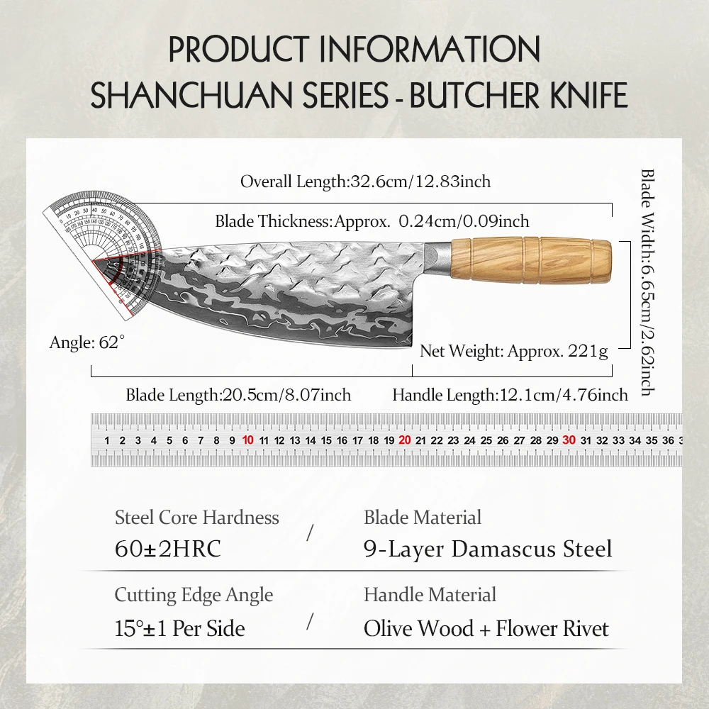 HEZHEN 8.1 Inch Butcher knife 9 Layer Damascus Steel High-end Kitchen Knife For Pork Knife Cook Cleaver Knife