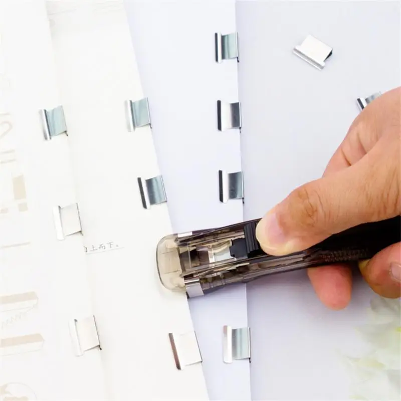 Staple Metal Clip Push Hand Paper Clipper with Refill Fixing Organizing Stapler Reusable Push Clamp for Document File Stationary