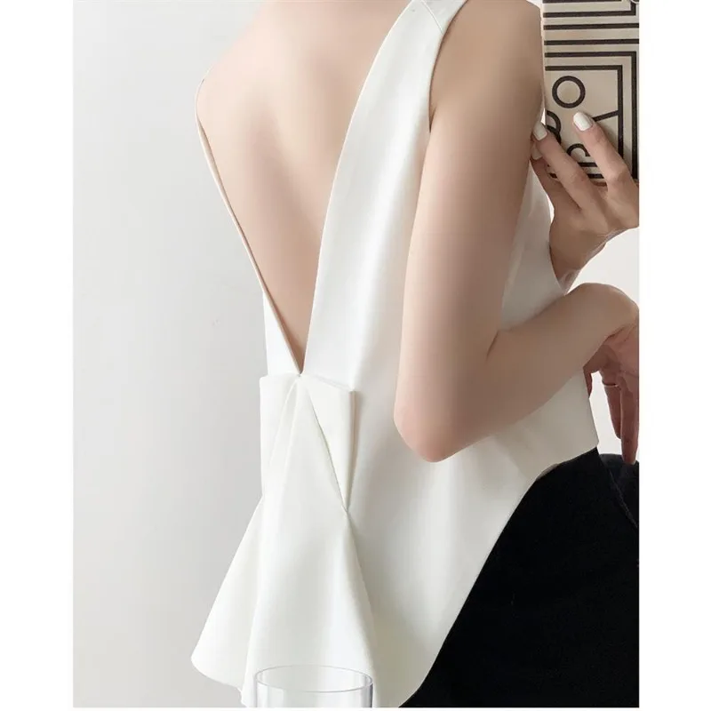 Temperament Bow Sexy Backless Tanks White Camis Crop Top Slim Women Blouse Blusas Mujer De Moda 2024 Verano Korean Shirts