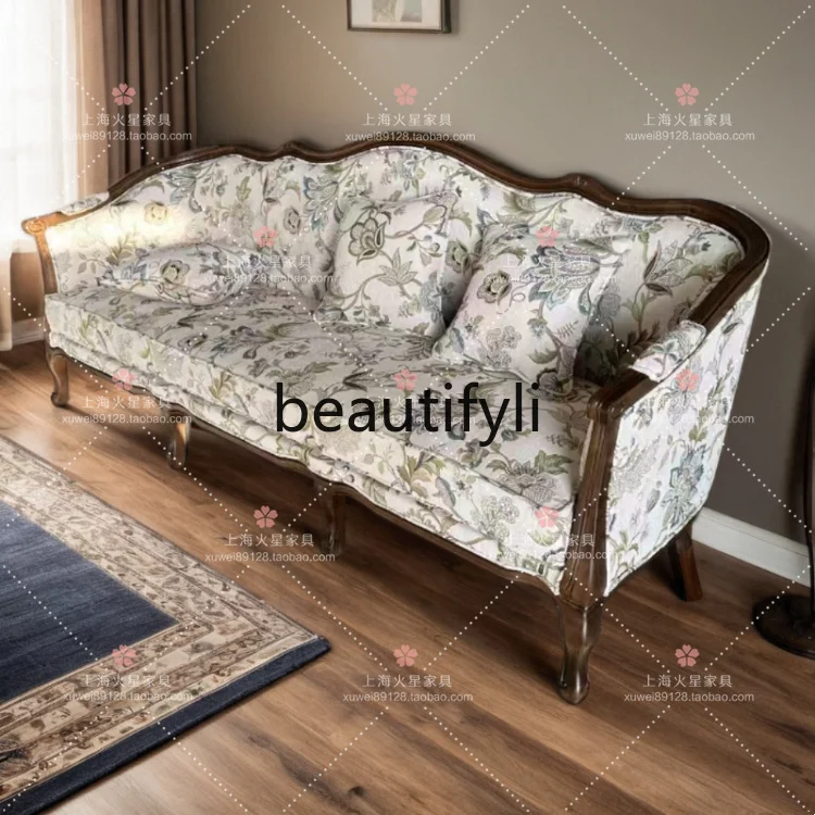 

American pastoral retro solid wood fabric living room sofa single double triple French leisure chair