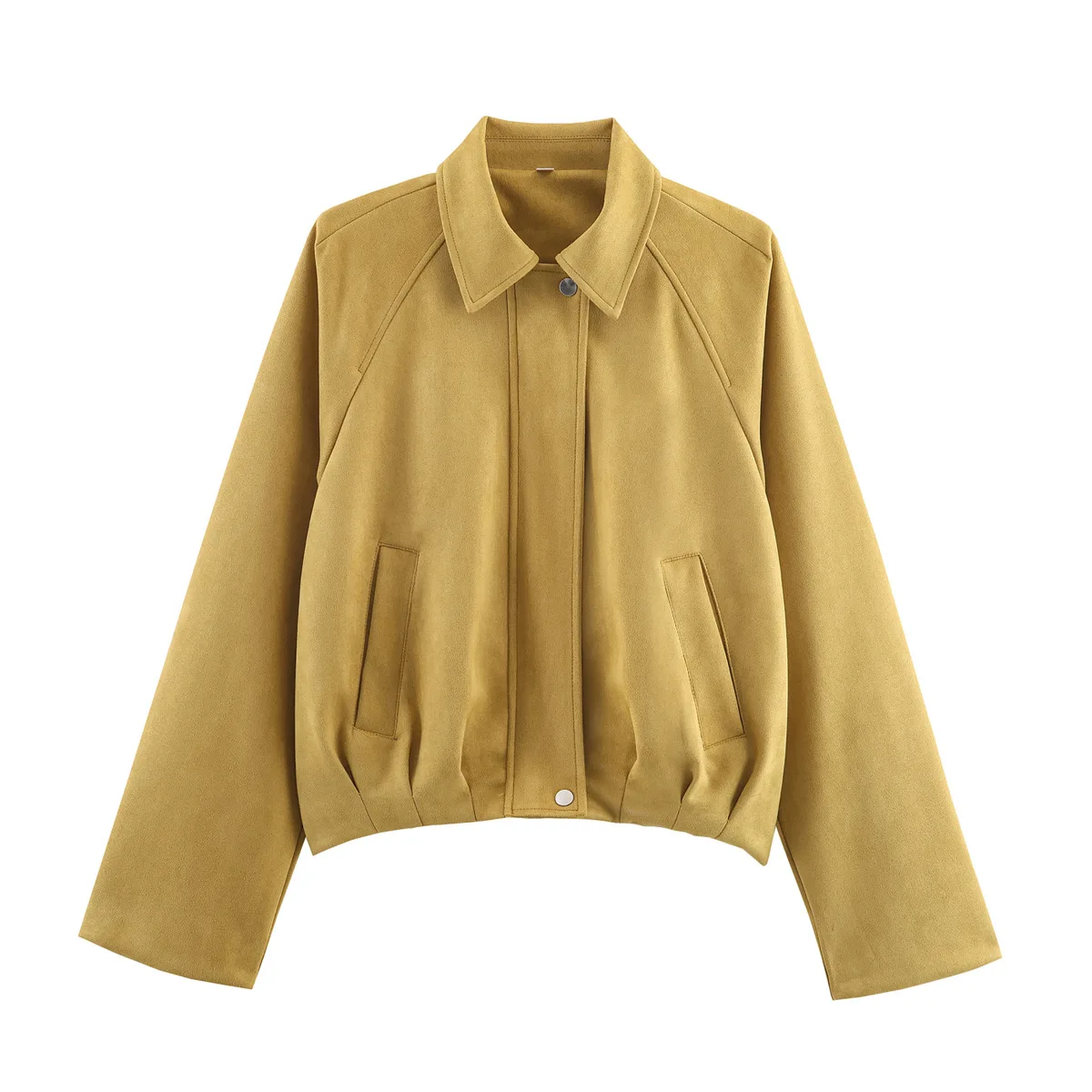 

KIDCRKJ Casual Women Spring Suede Jacket Yellow Shoulder Pads Pockets Loose Female Bomber Outwear Temperament Lady Pilot Coat