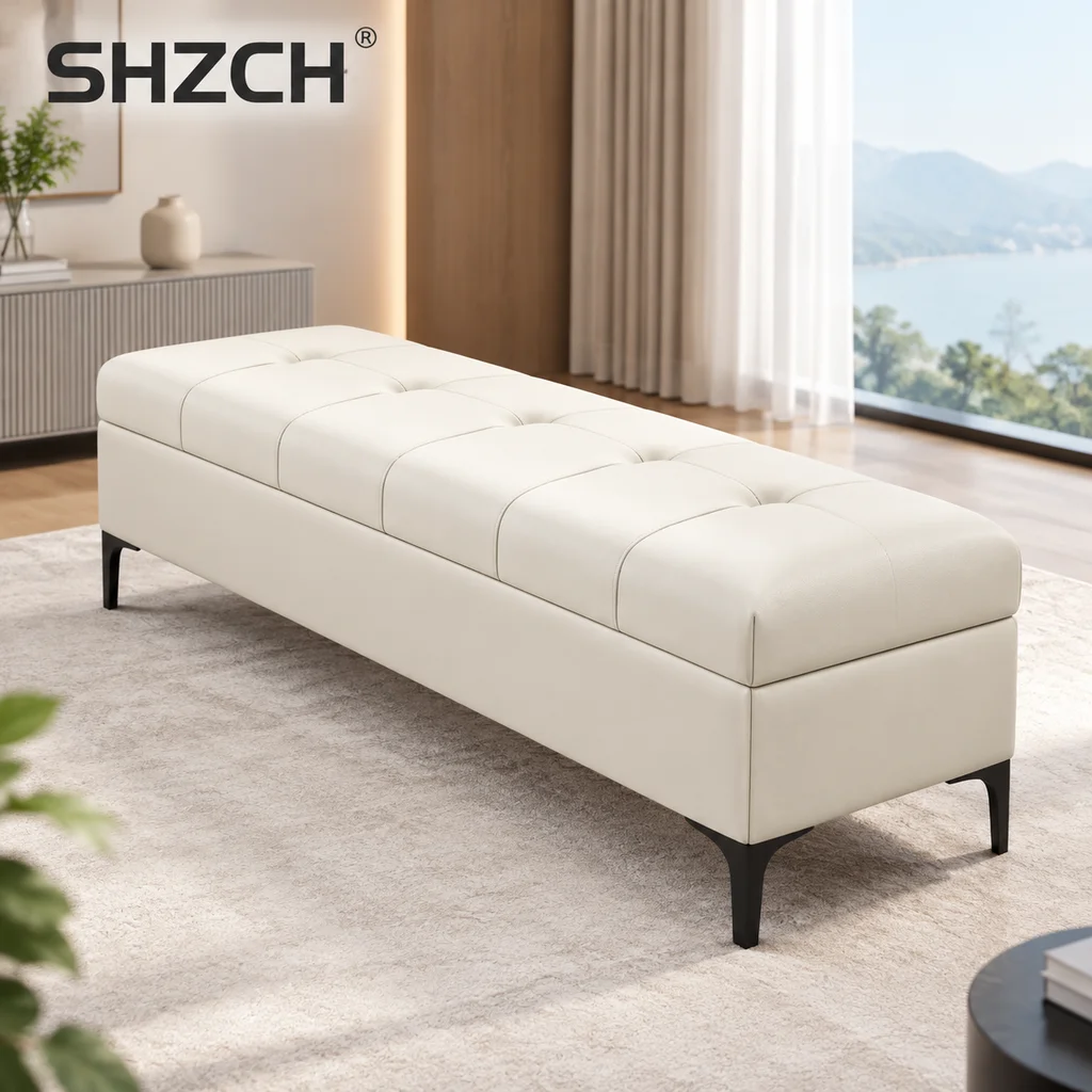 Genuine Leather Ottoman Bench, Modern Storage Seat for Bedroom, Upholstered End of Bed Stool, Retail Store Changing Bench