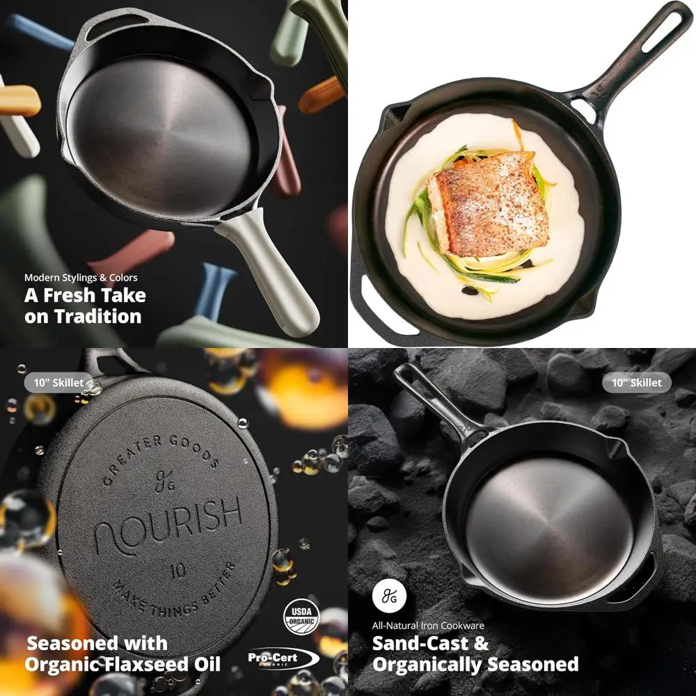 

10-дюймовая чугунная сковорода с гладкой поверхностью - органически предварительно пропитанная маслом льняного семени, с длинной ручкой и двумя носиками для удобного слива.