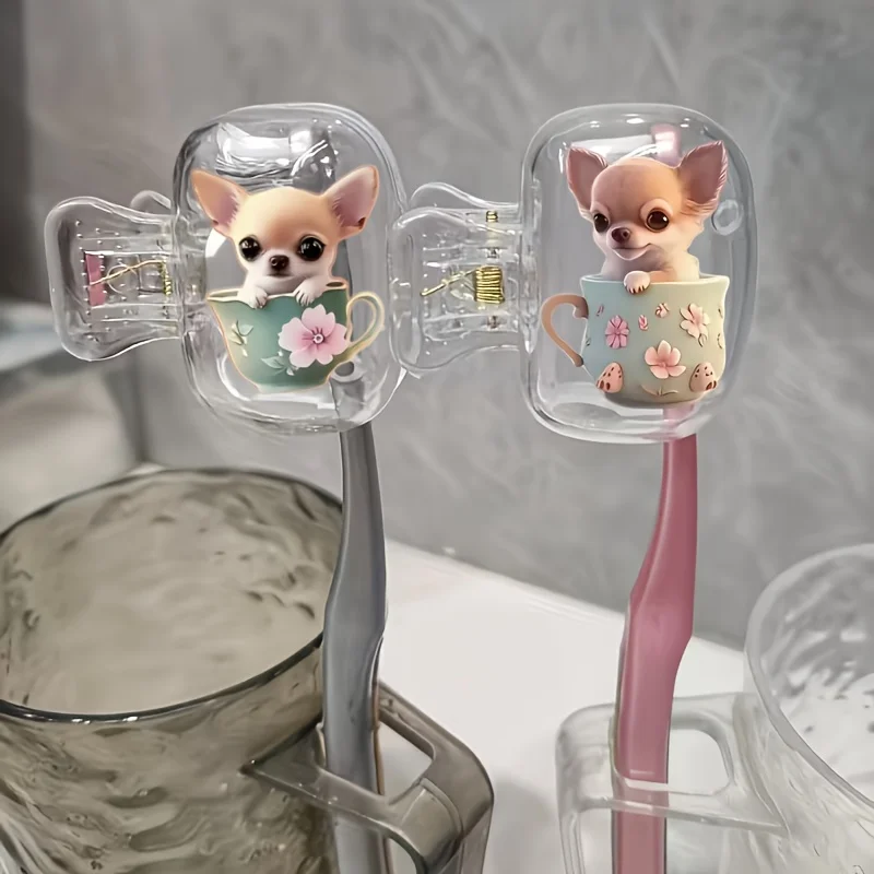 2pcs Chihuahua Portable Toothbrush Head Clip Ideal for Bathroom Use Prevent Dirt Necessities Gift for Women Ladies Girls