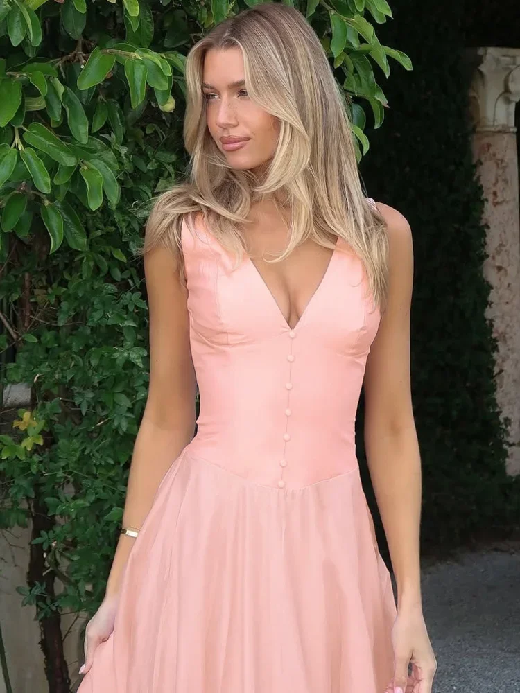 XIAOTANG สีชมพู V คอ Backless เซ็กซี่ Maxi ชุดผู้หญิงชุดแฟชั่นแขนกุด A-Line จีบ Club Party ชุดยาว