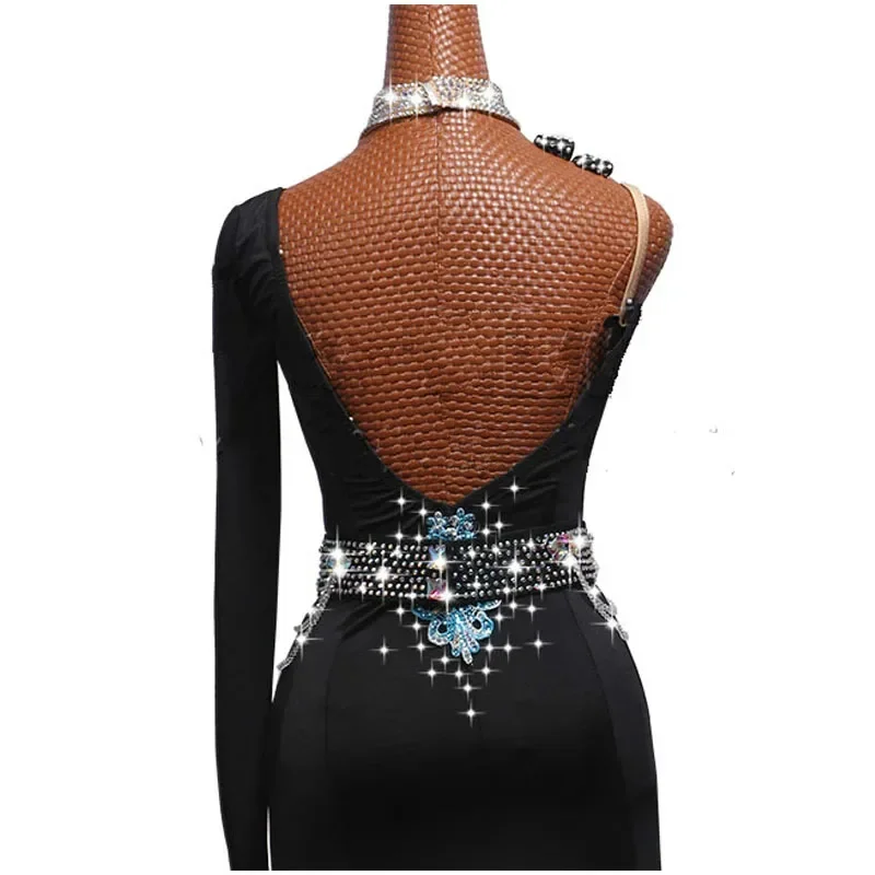 Vestido de baile latino con diamantes de imitación brillantes para mujer, ropa de competición, actuación de baile, Sexy, fuera del hombro, vestidos