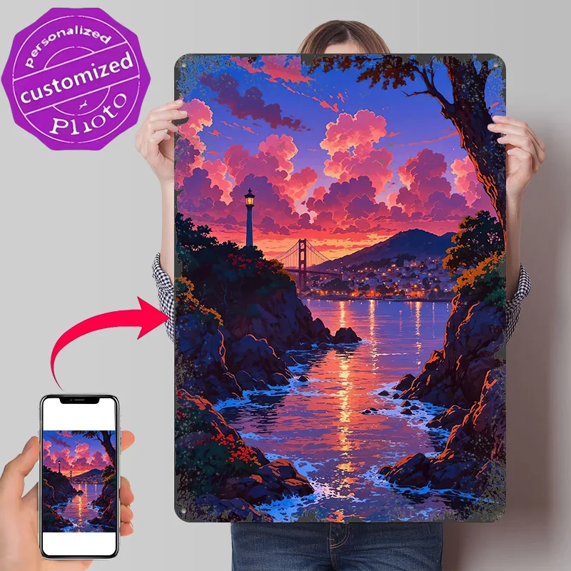 Sunset Over Golden Gate Bridge 3D Printed Texture Poster Personalized Wall Art Retro Metal Tin Signs for Aesthetic Room Decor