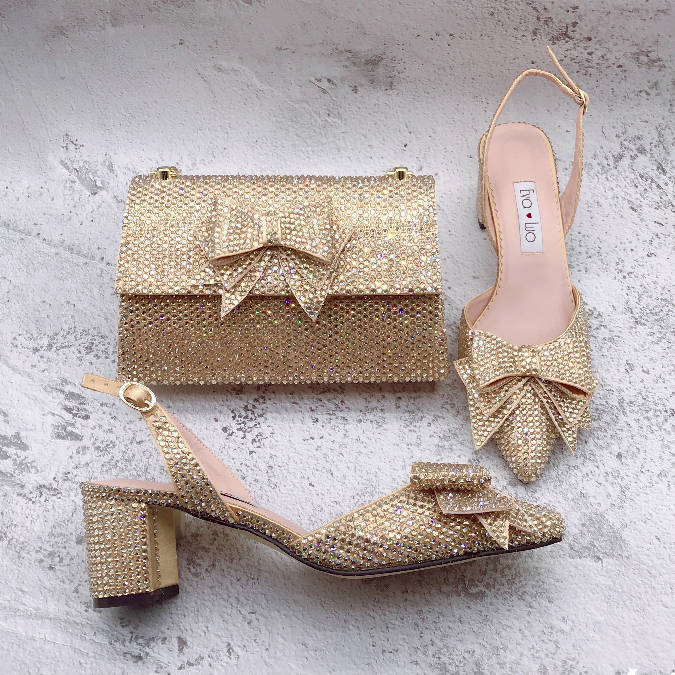 

BS1695 Custom Handmade Women Slingbacks Bridal Wedding Low Heel Bow Champagne Gold Rhinestones Shoes with Matching Bags Set