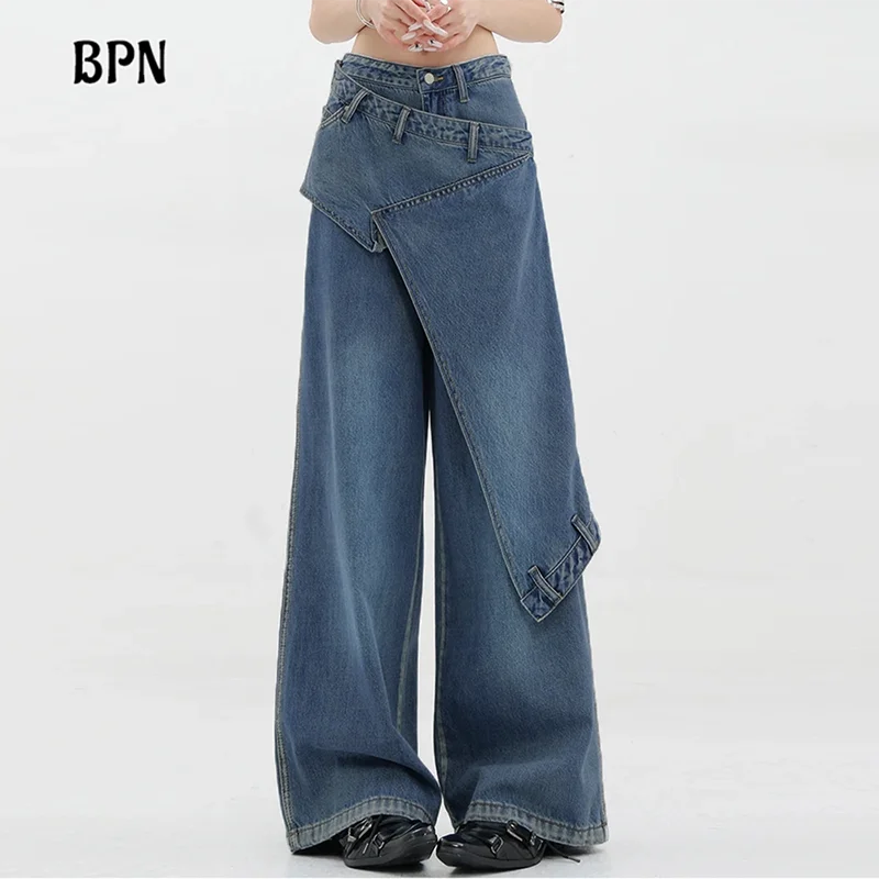

BPN Casual Loose Wide Leg Jeans For Women High Waist Soild Minimalist Asymmetrical Denim Trousers Female Fashion Clothing New