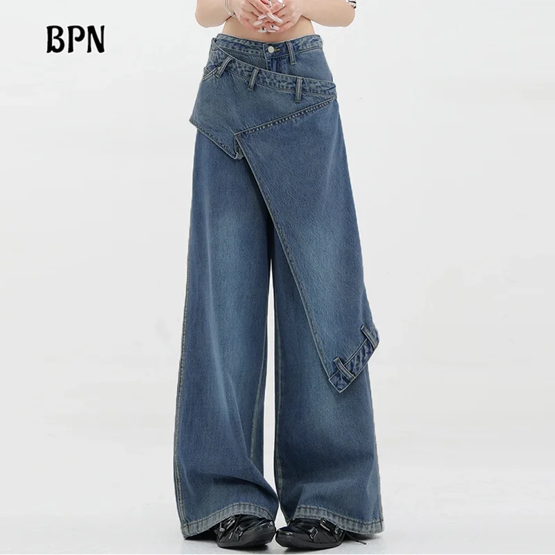 BPN Casual Loose Wide Leg Jeans For Women High Waist Soild Minimalist Asymmetrical Denim Trousers Female Fashion Clothing New