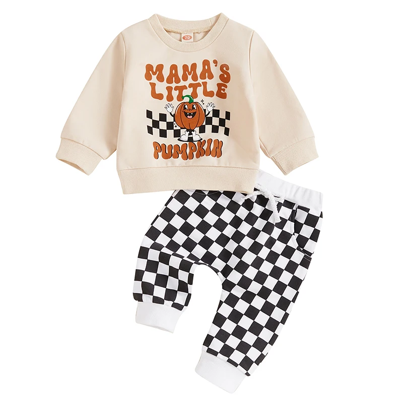 Toddler Boys Halloween Outfits Pumpkin Letter Print Long Sleeve Sweatshirts Checkerboard Long Pants 2Pcs Fall Clothes Set