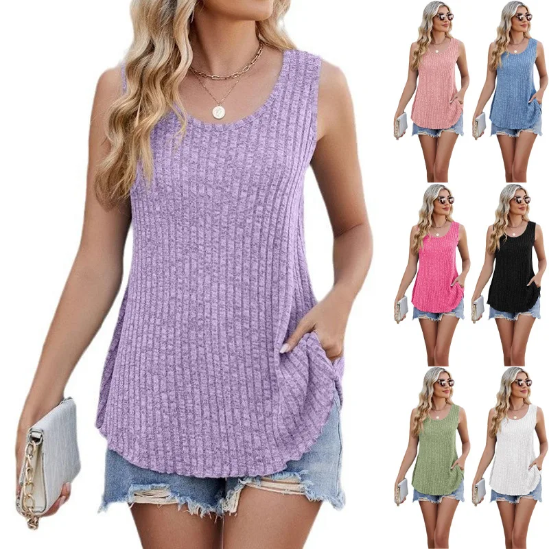 

2025 Summer Women's O-Neck Sleeveless Solid Color Fashion Casual Basic Style Top Knitted Crew Neck T-shirt Pit Strip Slim Vest