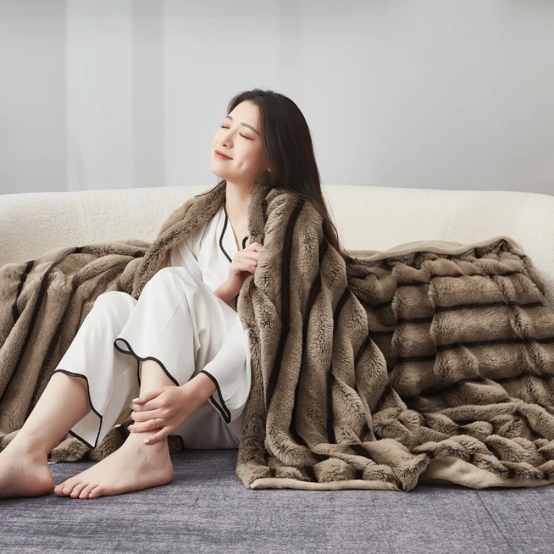 سميكة الأرنب الفراء ميلارد بطانية أريكة دافئة بطانية لغرفة المعيشة وغرفة النوم الخريف الشتاء الديكور لينة رمي فارغة #4