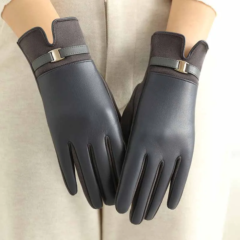 Noble Elegant Fashion Suede Leather Women Gloves Winter Plus Velvet Thicken Windproof Cycling Drive Touch Screen Warm Gloves