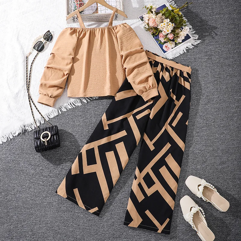 2024 New Clothing Set Girls Long Sleeve Slash Neck Brown T-shirt Patchwork Trousers 2 Pcs Sets Casual Girls Clothes Set 8-12T