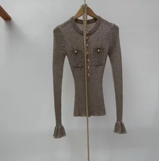 

Brown Long Sleeve Knit Blouse Tops