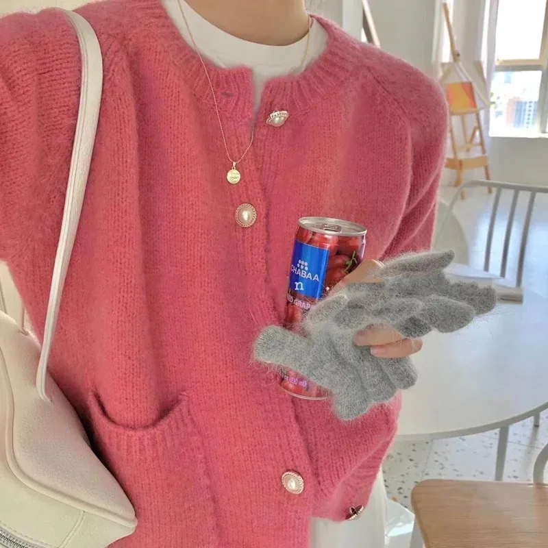 Knit Cardigan Sweaters Woman Autumn Winter 2023 Korean Pearl Button Up Raglan Sleeve O-Neck Pockets Casual Short Pink Sweater